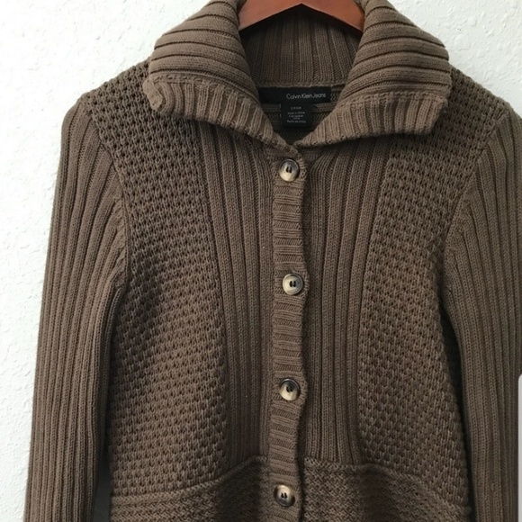 Calvin Klein brown button down knit long cardigan - Picture 2 of 7